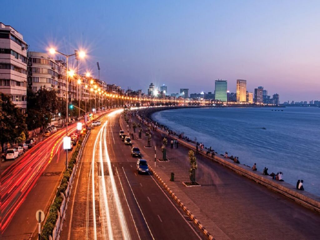 Panoramic View of Marine Drive at dusk, Mumbai, India shot in long exposure.