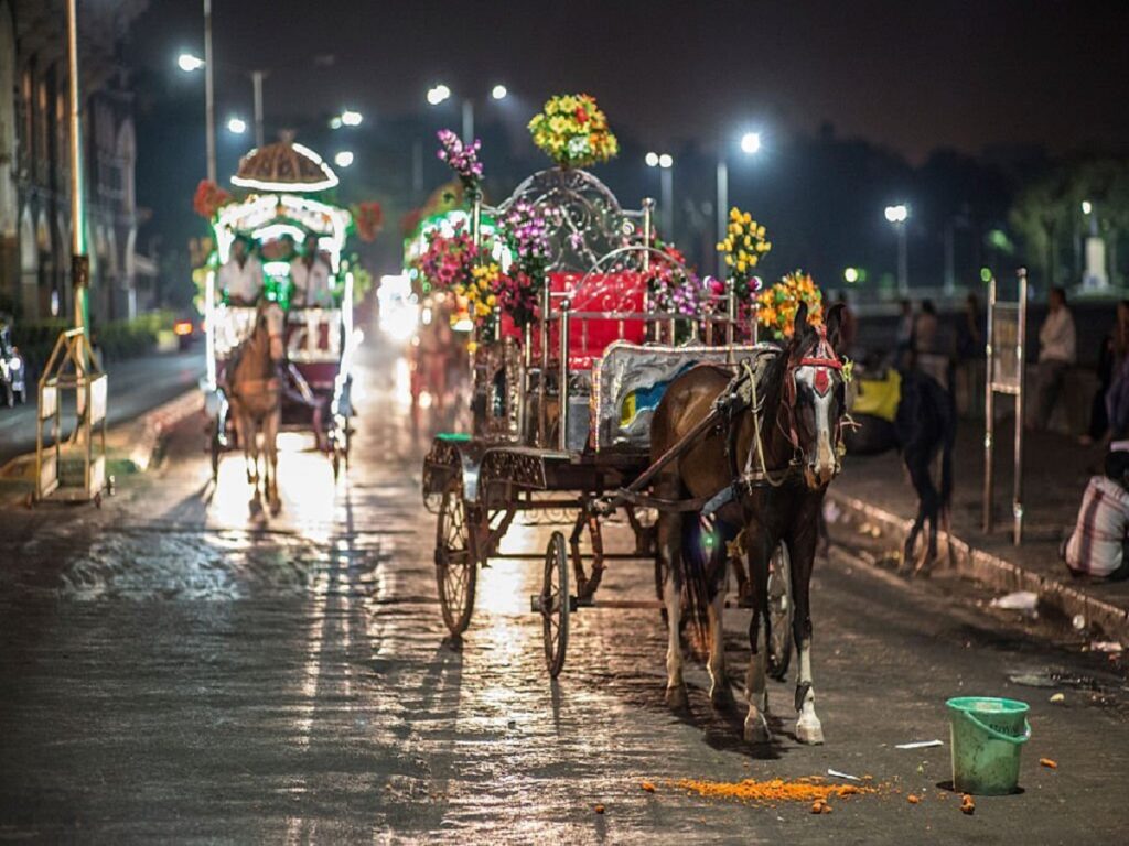 A picture of a horse and sled ready to take tourist for an enjoyment ride in the evening by Gateway of India in Mumbai.